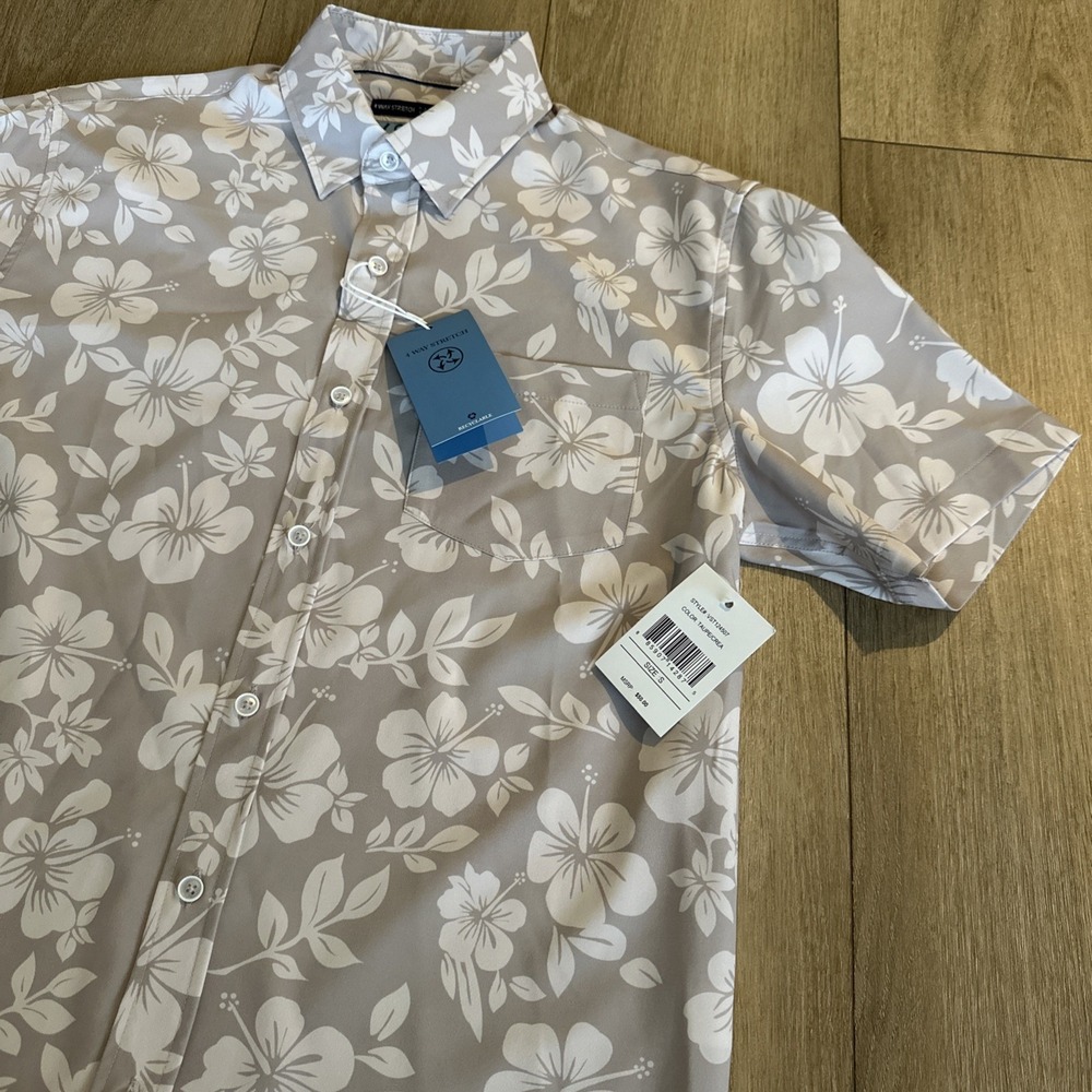 VSTR Men's 4 Way Stretch Shirt Tropical SS Button Up Taupe‎ Size Small NEW